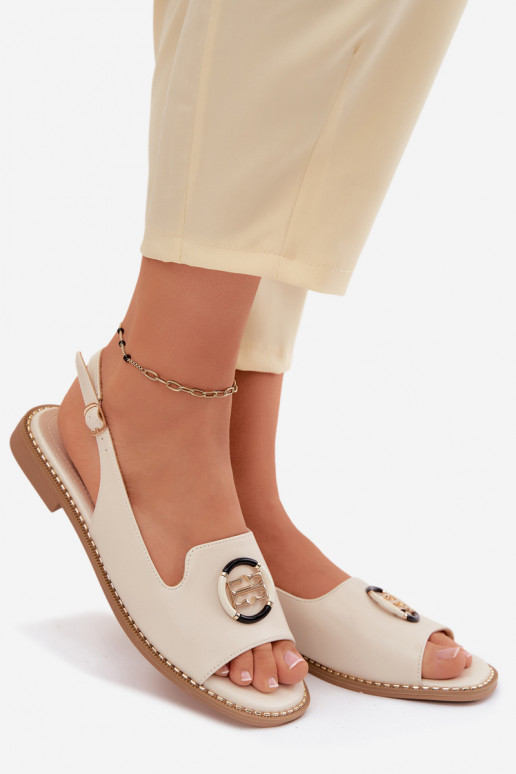 Sandálias femininas com salto largo com enfeites S.Barski KV61-6037 cor creme