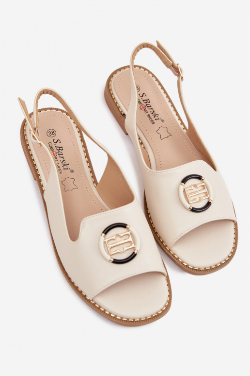 Sandálias femininas com saltos largos e ornamentos S.Barski KV61-6037 cor creme