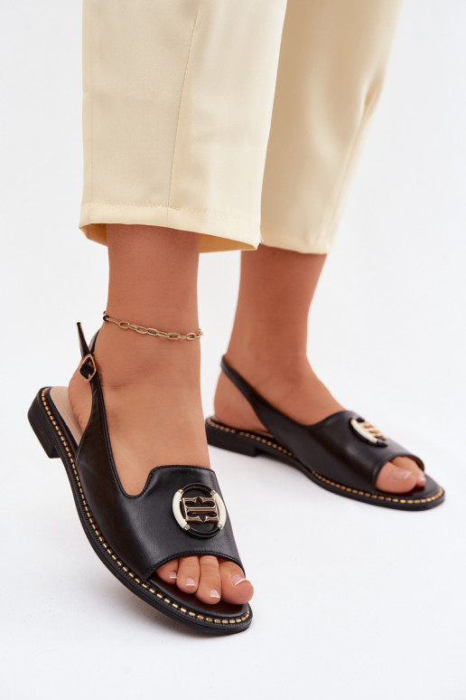 Sandálias femininas com salto largo com enfeites S.Barski KV61-6037 cor preta