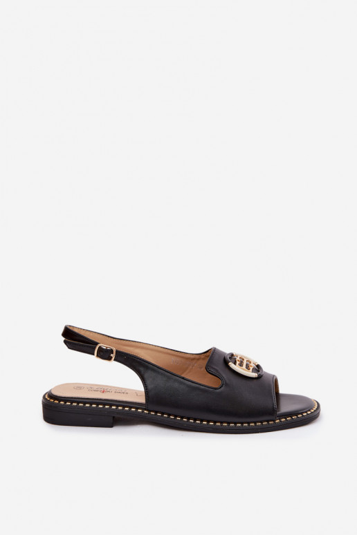 Sandálias femininas com salto largo com enfeites S.Barski KV61-6037 cor preta