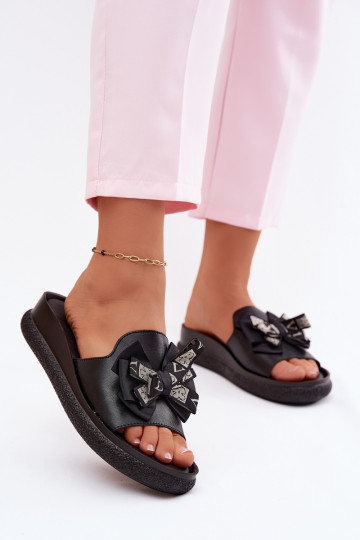 Chinelos femininos couro natural com fitas S.Barski KV61-6061 cor preta 2