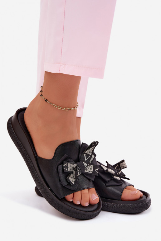 Chinelos femininos couro natural com fitas S.Barski KV61-6061 cor preta