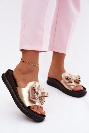 Chinelos femininos couro natural com fitas S.Barski KV61-6061 cor dourada 2