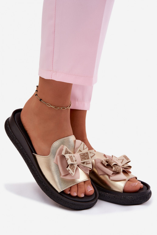 Chinelos femininos couro natural com fitas S.Barski KV61-6061 cor dourada