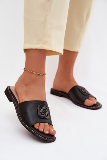 Chinelos couro natural com salto largo Ozdoba S.Barski KV61-6019 cor preta