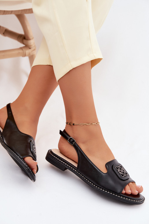 Sandálias femininas com salto largo com enfeites S.Barski KV61-6016 cor preta