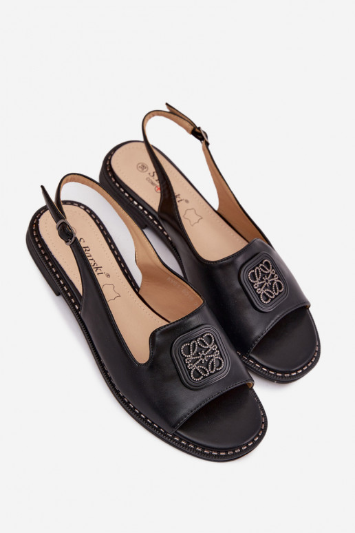 Sandálias femininas com salto largo com enfeites S.Barski KV61-6016 cor preta