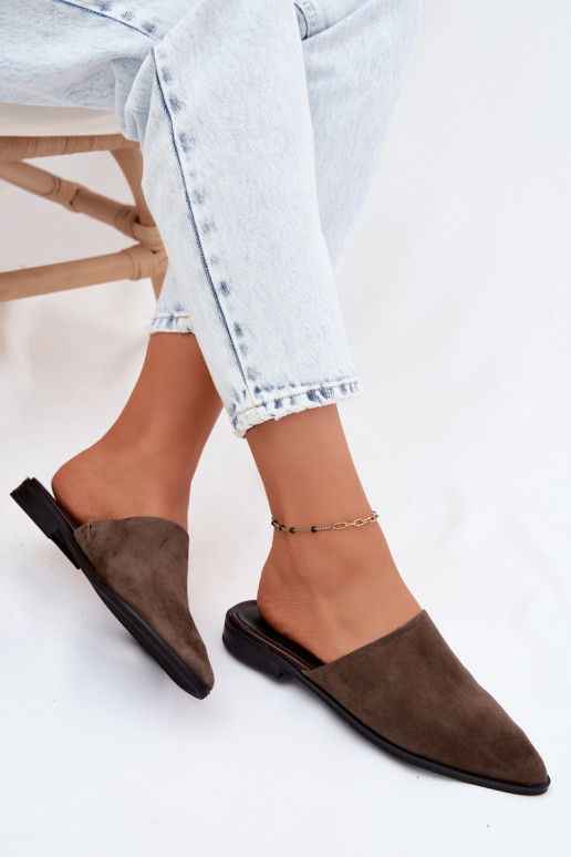 Pele chinelos de camurça Mule Apartamento feminino D&A JC61-1004 cor cáqui