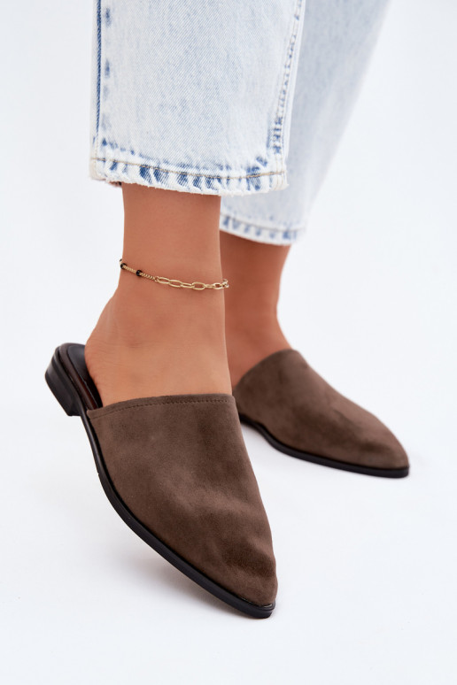 Pele chinelos de camurça Mule Apartamento feminino D&A JC61-1004 cor cáqui