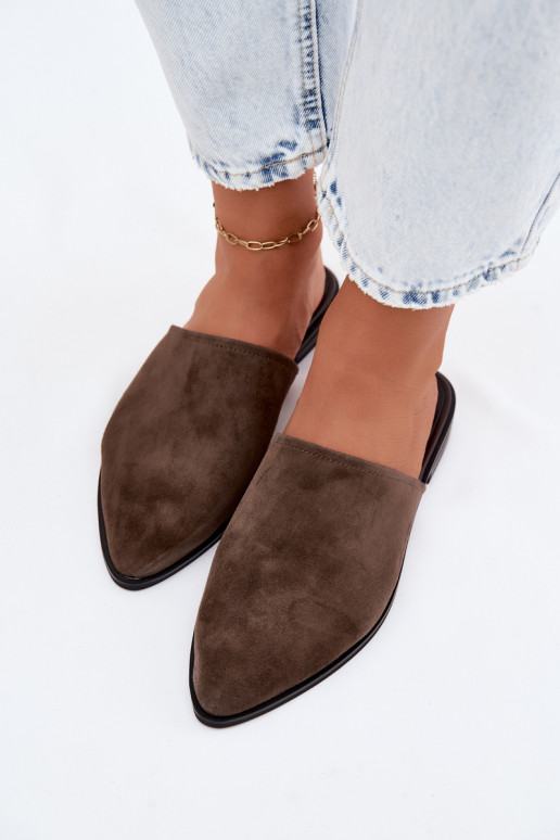 Pele chinelos de camurça Mule Apartamento feminino D&A JC61-1004 cor cáqui