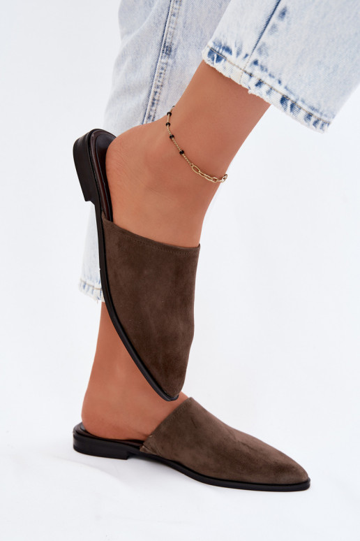 Pele chinelos de camurça Mule Apartamento feminino D&A JC61-1004 cor cáqui