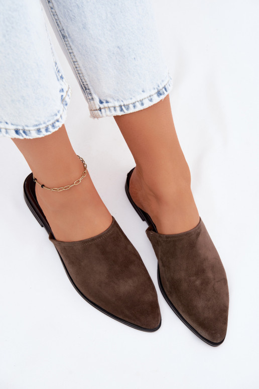 Pele chinelos de camurça Mule Apartamento feminino D&A JC61-1004 cor cáqui