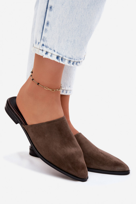 Pele chinelos de camurça Mule Apartamento feminino D&A JC61-1004 cor cáqui