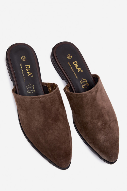 Pele chinelos de camurça Mule Apartamento feminino D&A JC61-1004 cor cáqui