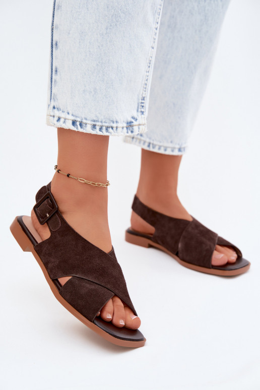 Pele Sandálias femininas de camurça com salto largo D&A JC61-1001 CzekoladoParae