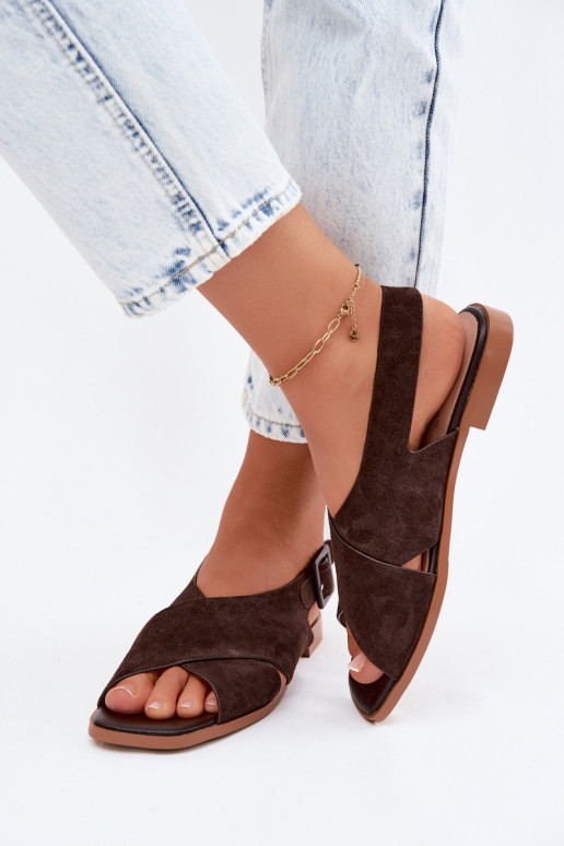 Pele Sandálias femininas de camurça com salto largo D&A JC61-1001 CzekoladoParae