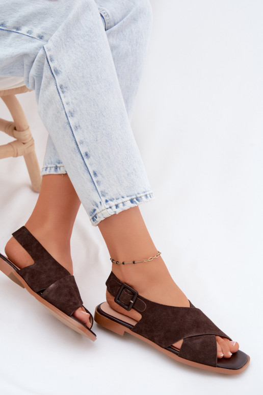 Pele Sandálias femininas de camurça com salto largo D&A JC61-1001 CzekoladoParae