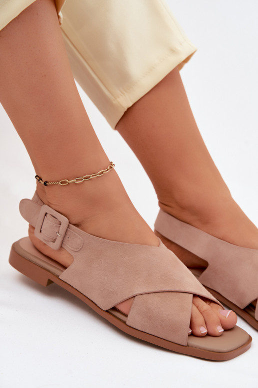 Pele Sandálias femininas de camurça com salto largo D&A JC61-1001 bege