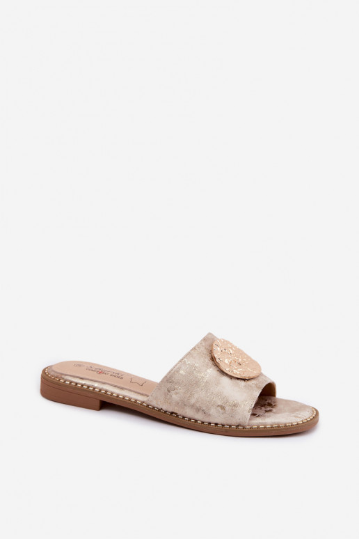 Chinelos femininos com detalhes decorativos e saltos largos KV61-6034 dourados