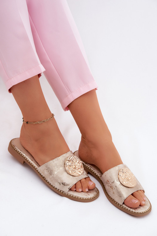 Chinelos femininos com detalhes decorativos e saltos largos KV61-6034 dourados
