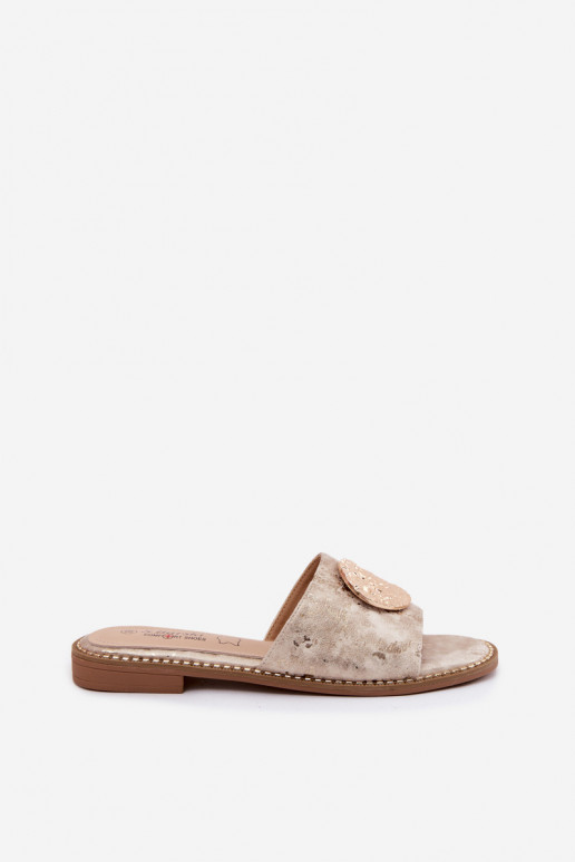 Chinelos femininos Com decorações Detalem com salto largo KV61-6034 cor dourada