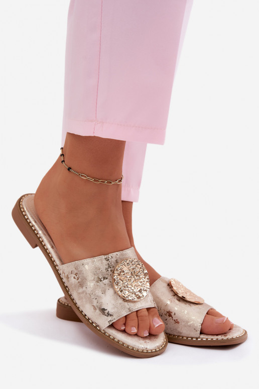 Chinelos femininos Com decorações Detalem com salto largo KV61-6034 cor dourada