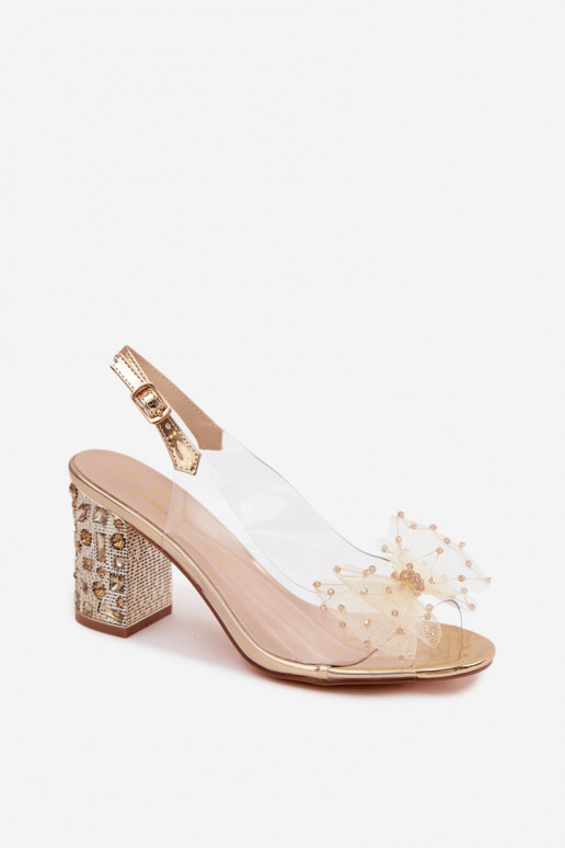 sandálias com salto com olhos brilhantes SiateczkoParaa com fitas D&A MR61-9010 cor dourada