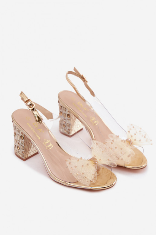 sandálias com salto com olhos brilhantes SiateczkoParaa com fitas D&A MR61-9010 cor dourada