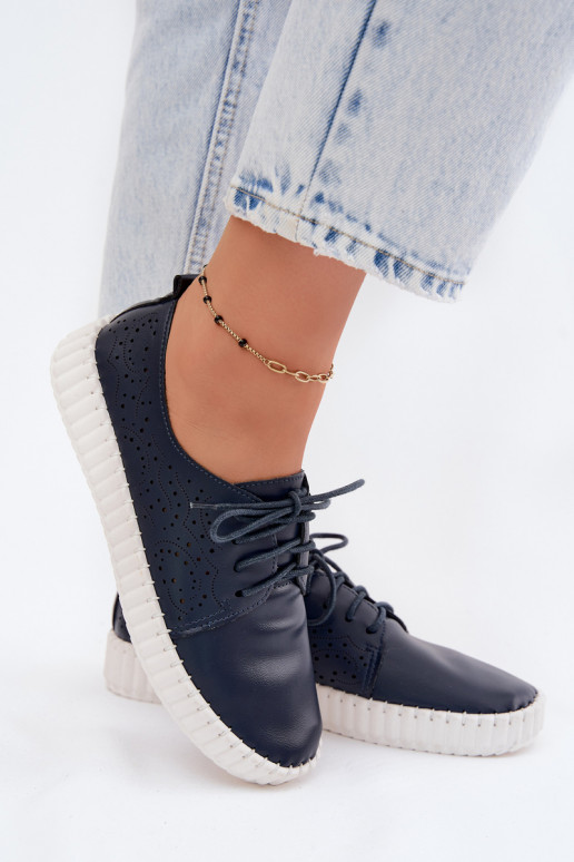 Sapatos perfurados azul escuro com atacadores Pearla