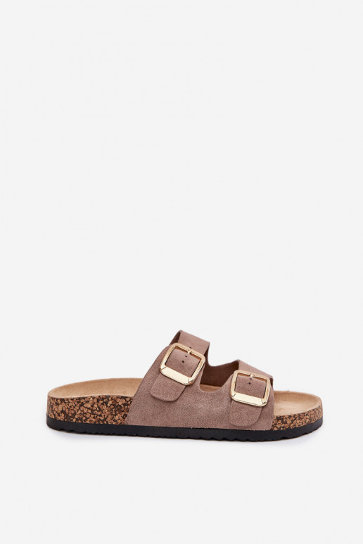 Chinelos femininosde camurça ecológicau cor dourada com fivelas bege Vorella