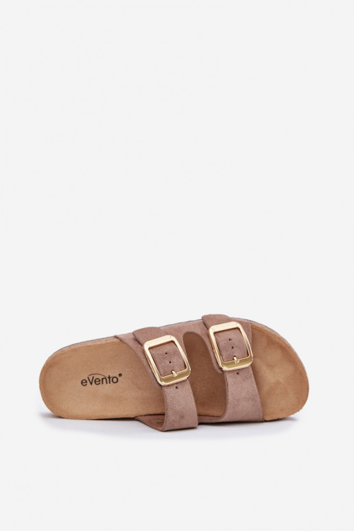 Chinelos femininosde camurça ecológicau cor dourada com fivelas bege Vorella