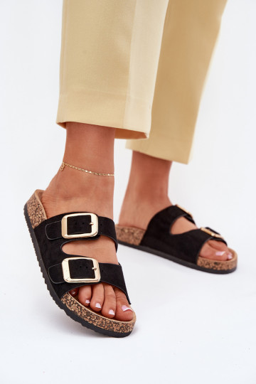 Chinelos femininosde camurça ecológicau cor dourada com fivelas cor preta Vorella
