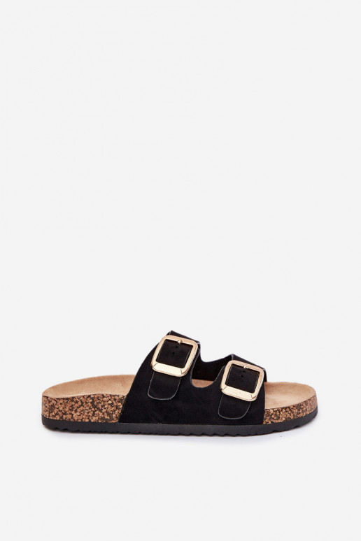 Chinelos femininosde camurça ecológicau cor dourada com fivelas cor preta Vorella