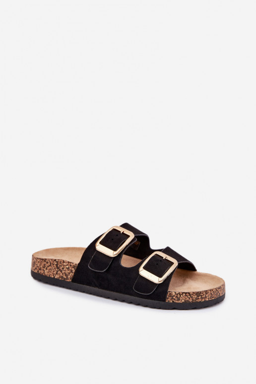 Chinelos femininosde camurça ecológicau cor dourada com fivelas cor preta Vorella