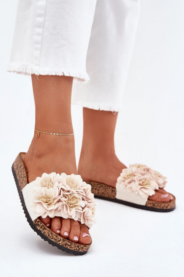 Chinelos femininos Com sola de cortiça Com decoraçõesi com motivos floraiskami bege Seleneza