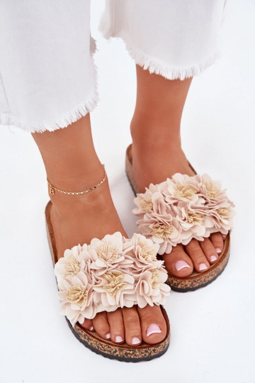 Chinelos femininos Com sola de cortiça Com decoraçõesi com motivos floraiskami bege Seleneza 2