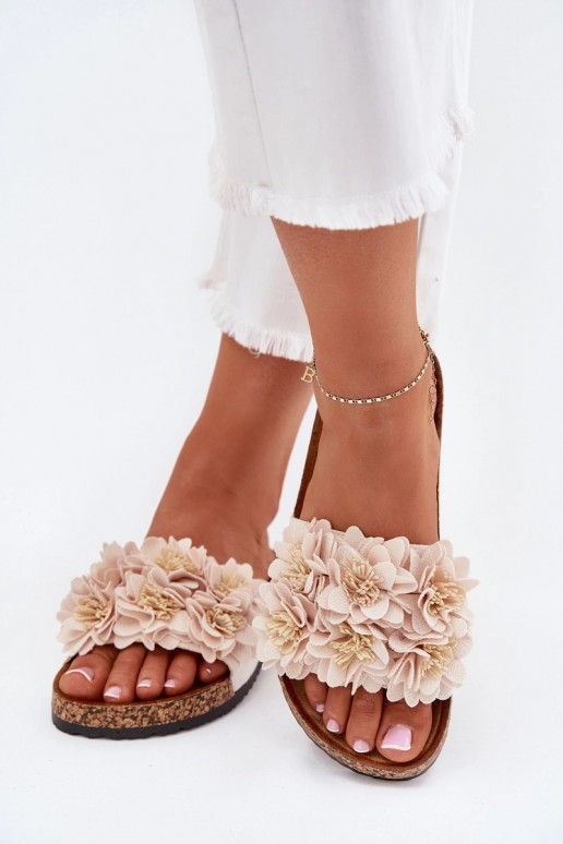 Chinelos femininos Com sola de cortiça Com decoraçõesi com motivos floraiskami bege Seleneza