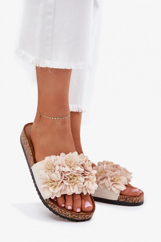 Chinelos femininos Com sola de cortiça Com decoraçõesi com motivos floraiskami bege Seleneza