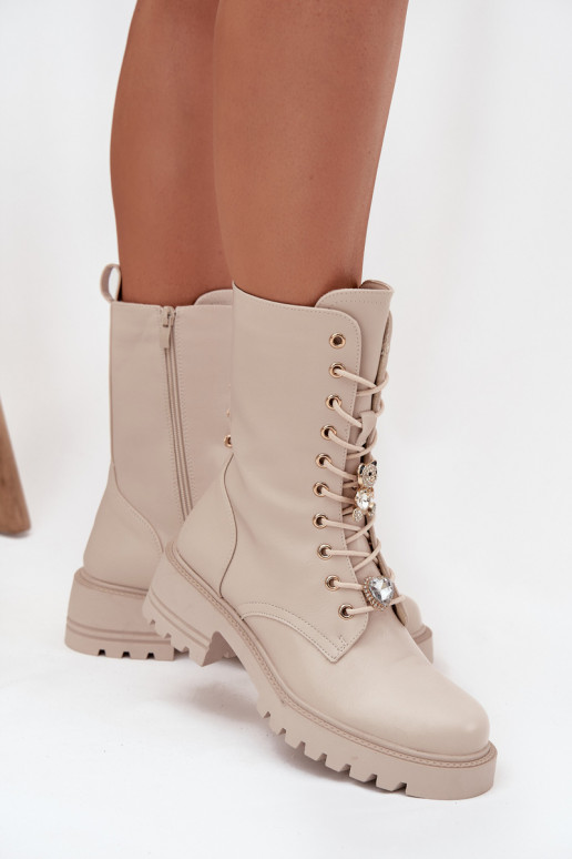 Botins de trabalho femininos na cor areia com ursos de pelúcia e corações Iravine
