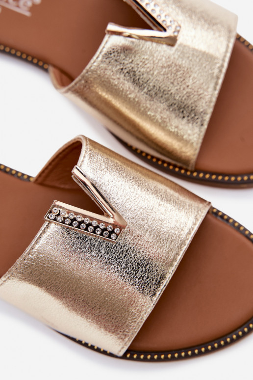 Chinelos Apartamento feminino Com decorações Detalem V cor dourada Nelmira