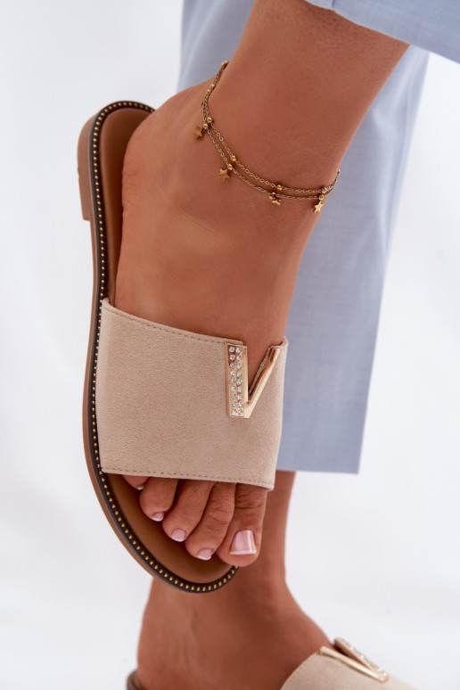 Chinelos Apartamento feminino Com decorações Detalem V bege Nelmira