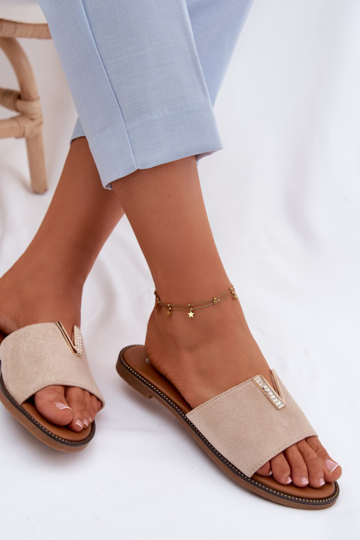 Chinelos Apartamento feminino Com decorações Detalem V bege Nelmira