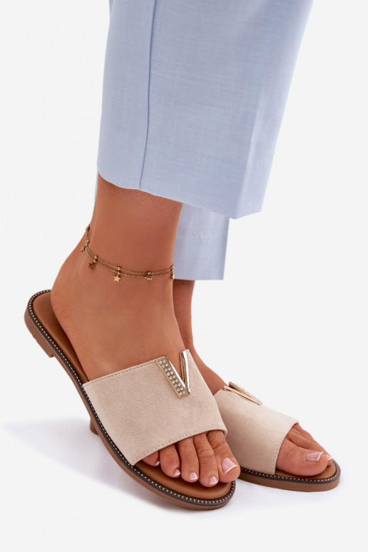 Chinelos Apartamento feminino Com decorações Detalem V bege Nelmira