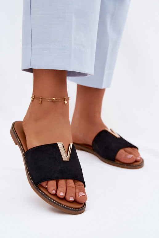 Chinelos Apartamento feminino Com decorações Detalem V cor preta Nelmira