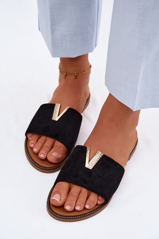 Chinelos Apartamento feminino Com decorações Detalem V cor preta Nelmira