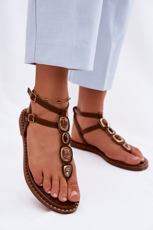sandálias de dedo Apartamento feminino com lindos detalhes cor marrom Dorena