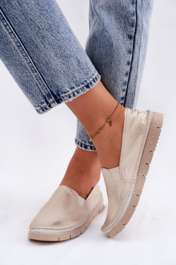Sapatos femininos dourados de couro slip-on Przecierany 2