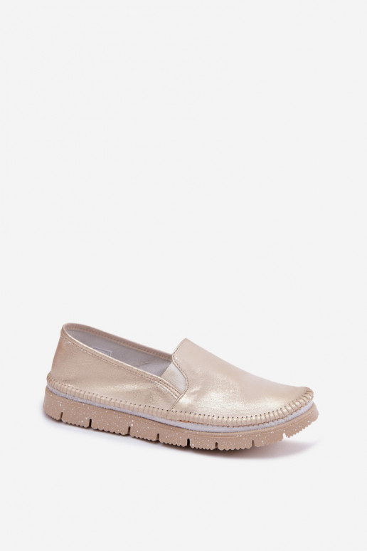 Sapatos femininos dourados de couro slip-on Przecierany