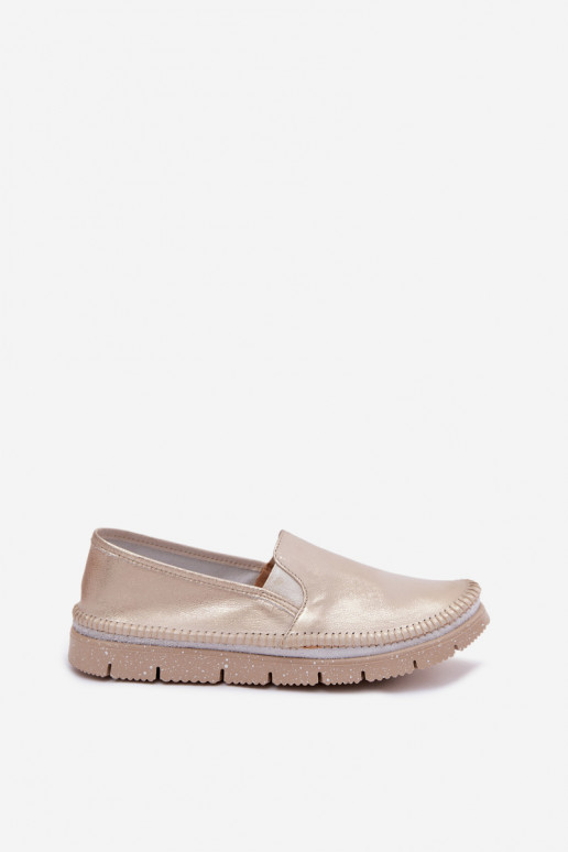 Sapatos femininos dourados de couro slip-on Przecierany
