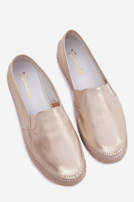 Sapatos femininos dourados de couro slip-on Przecierany